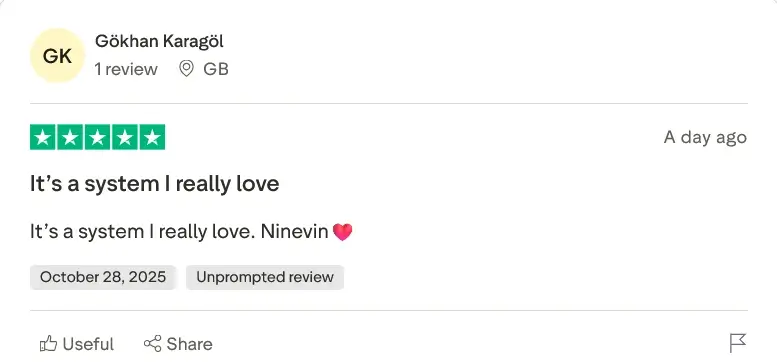A 5-star review from Gökhan Karagöl titled 'It's a system I really love.'