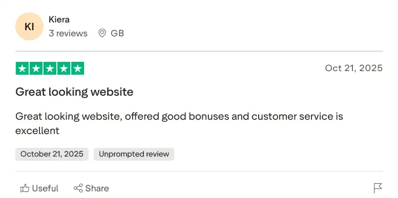 A 5-star review from Kiera titled 'Great looking website,' praising the bonuses and customer service.