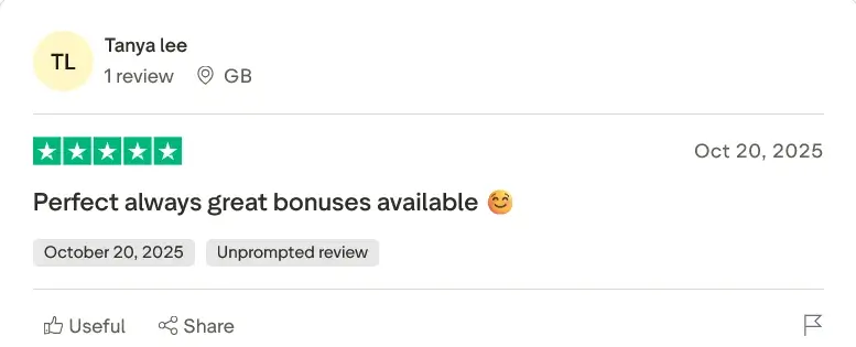 A 5-star review from Tanya lee titled 'Perfect always great bonuses available.'