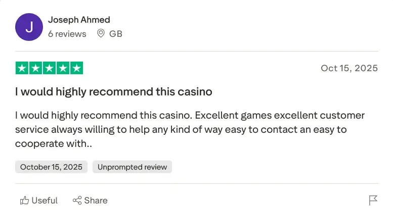 A 5-star review from Joseph Ahmed titled 'I would highly recommend this casino,' praising the games and service.